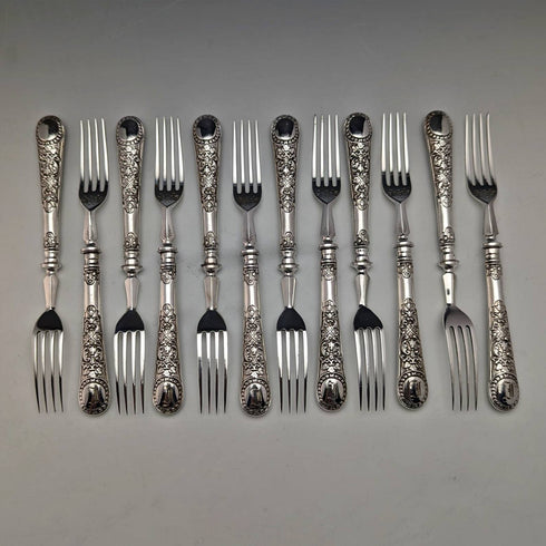 維多利亞晚期英國古董銀盤甜點餐具 12 對套裝木盒